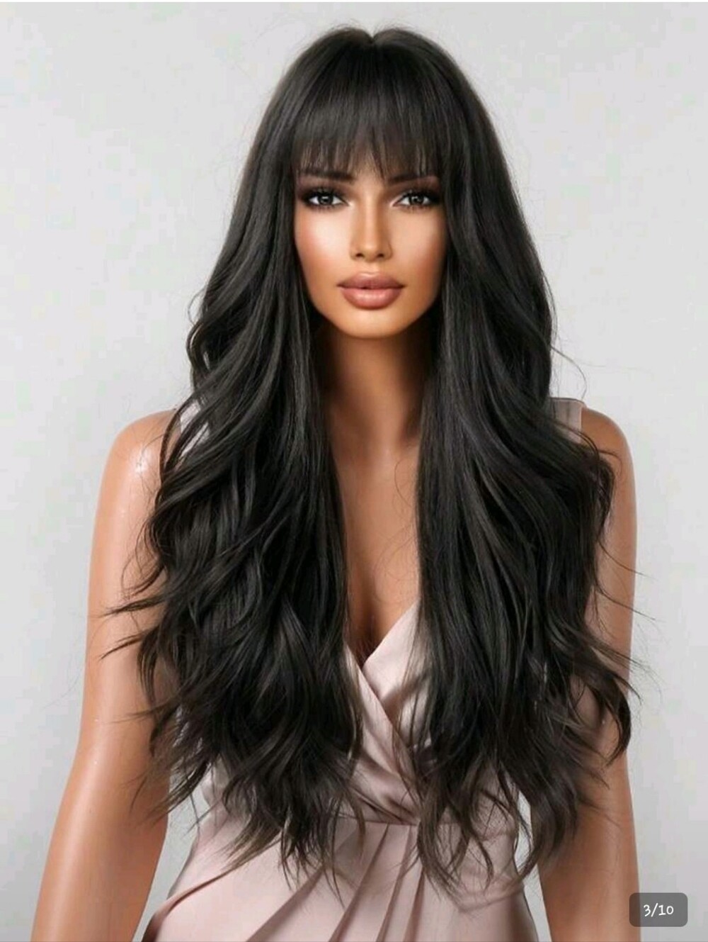 Instax Rich Black Long Wavy Synthetic Wig with Full Bangs